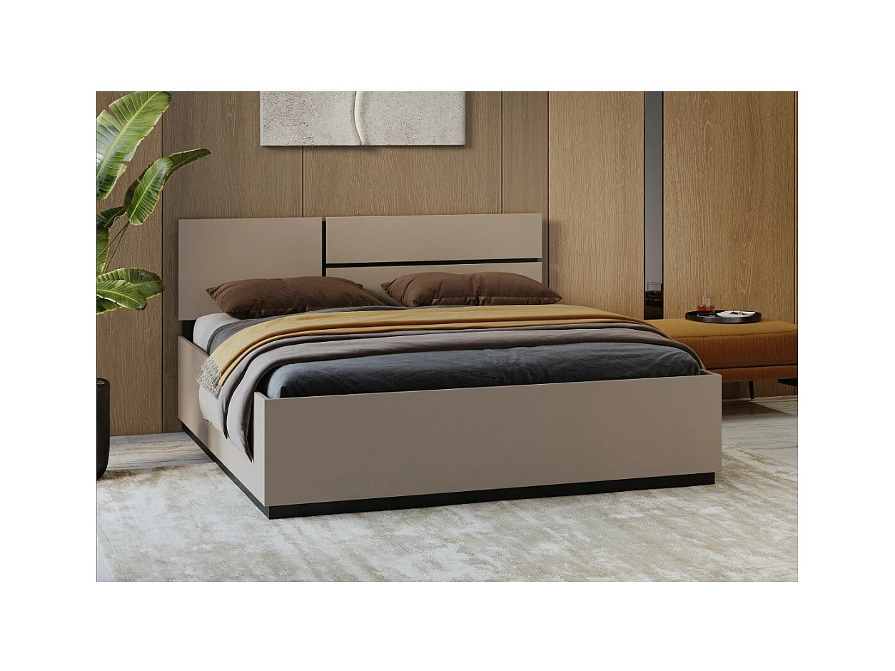 Cama HAVANA 180x200 cm beige y negro con cajón – Cama doble moderna con espacio de almacenamiento