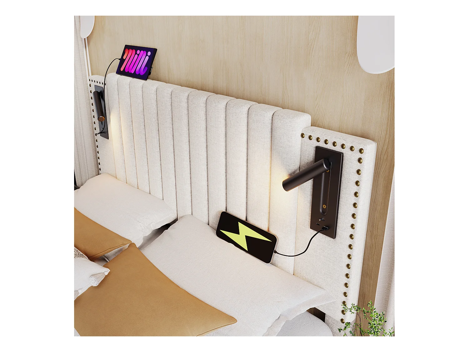 Lit coffre double rembourré - 160 x 200 cm - Matelas + Tête avec USB - Tissu coton - Beige