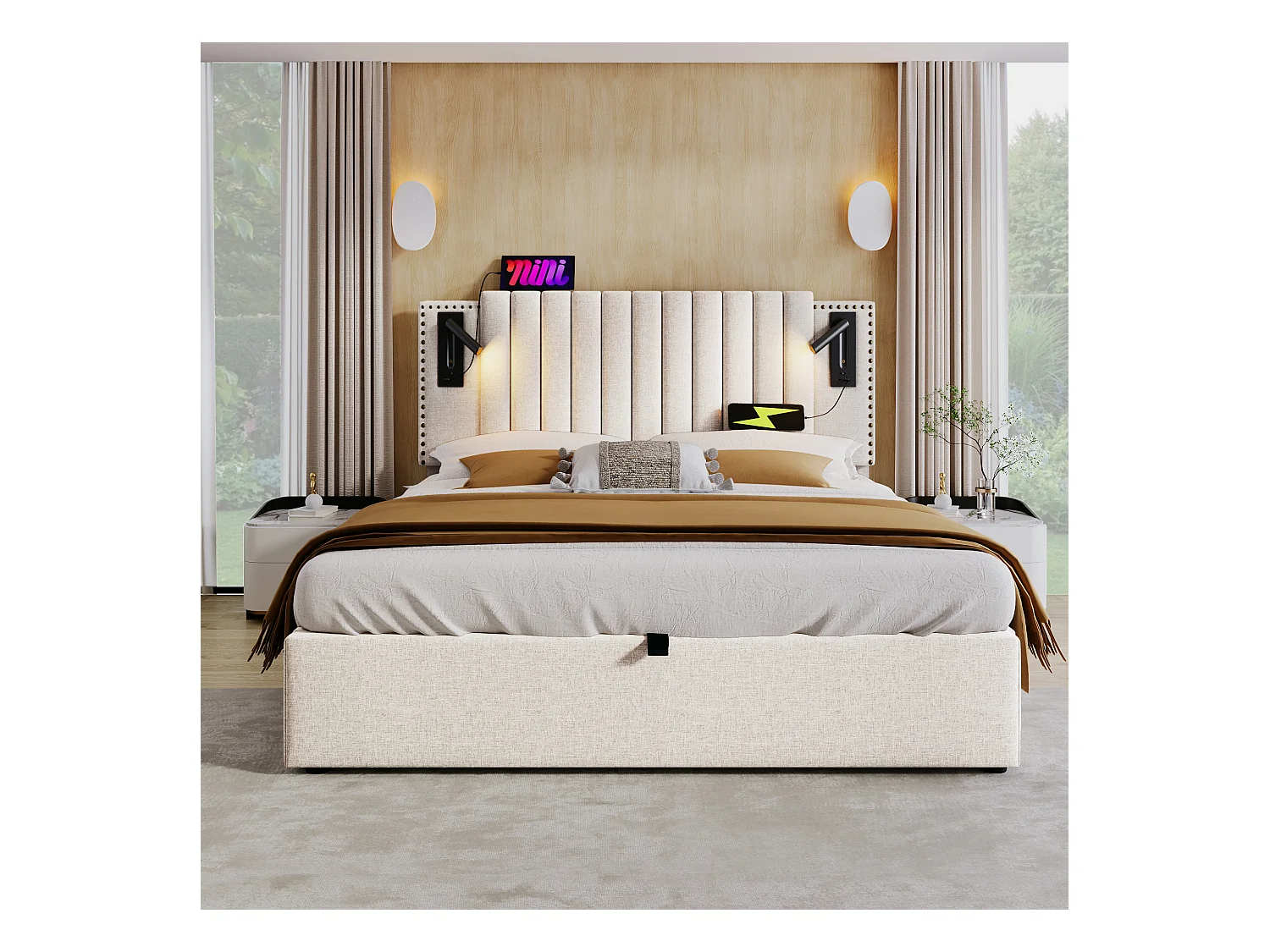 Lit coffre double rembourré - 160 x 200 cm - Matelas + Tête avec USB - Tissu coton - Beige