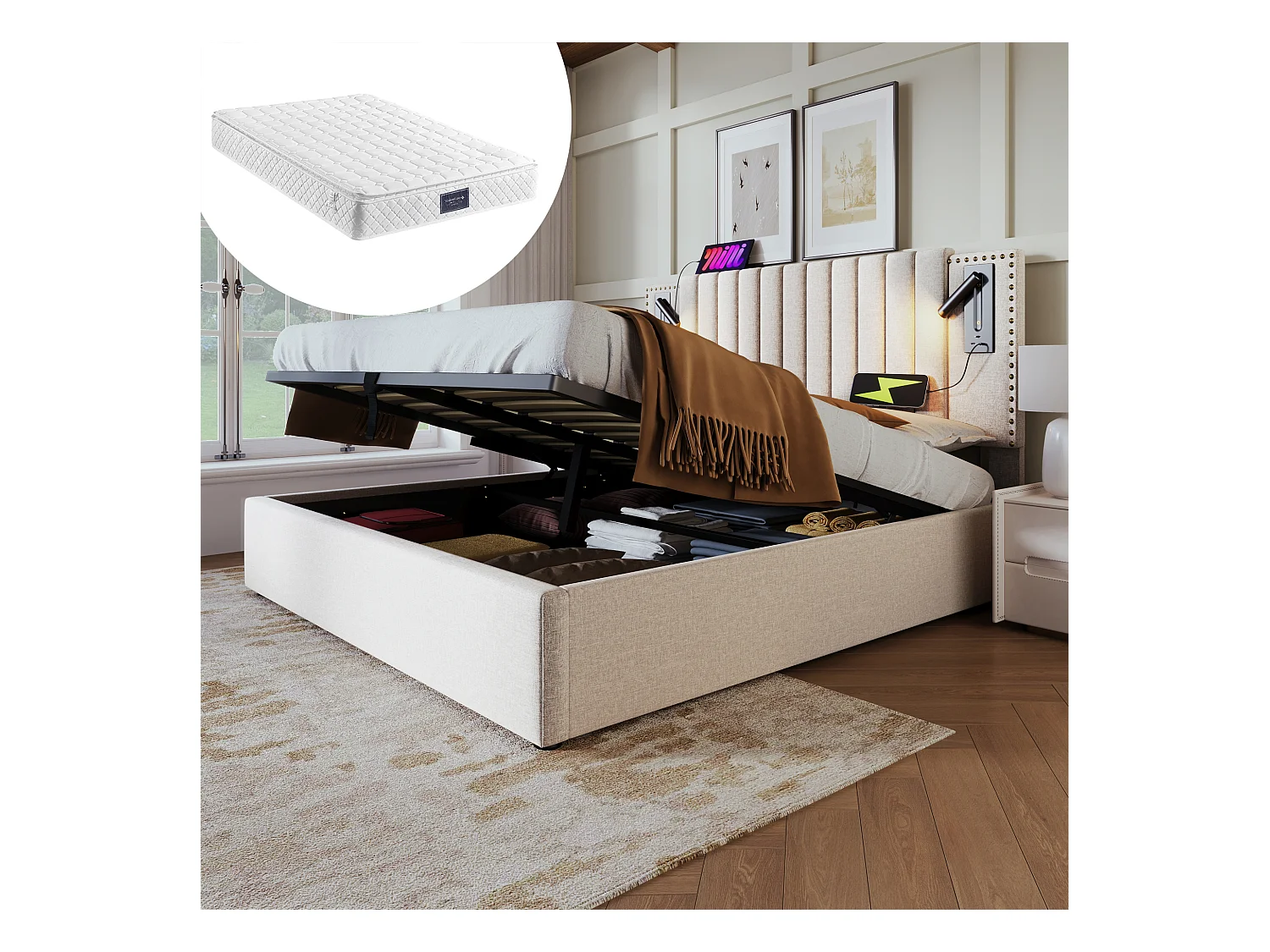 Lit coffre double rembourré - 160 x 200 cm - Matelas + Tête avec USB - Tissu coton - Beige