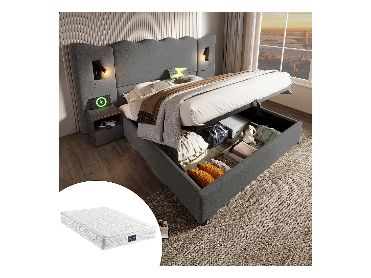 Gestoffeerd tweepersoonsbed met opbergruimte - 160 x 200 cm - hoofdeinde + matras - lamp en USB - massief hout en linnen stof - grijs