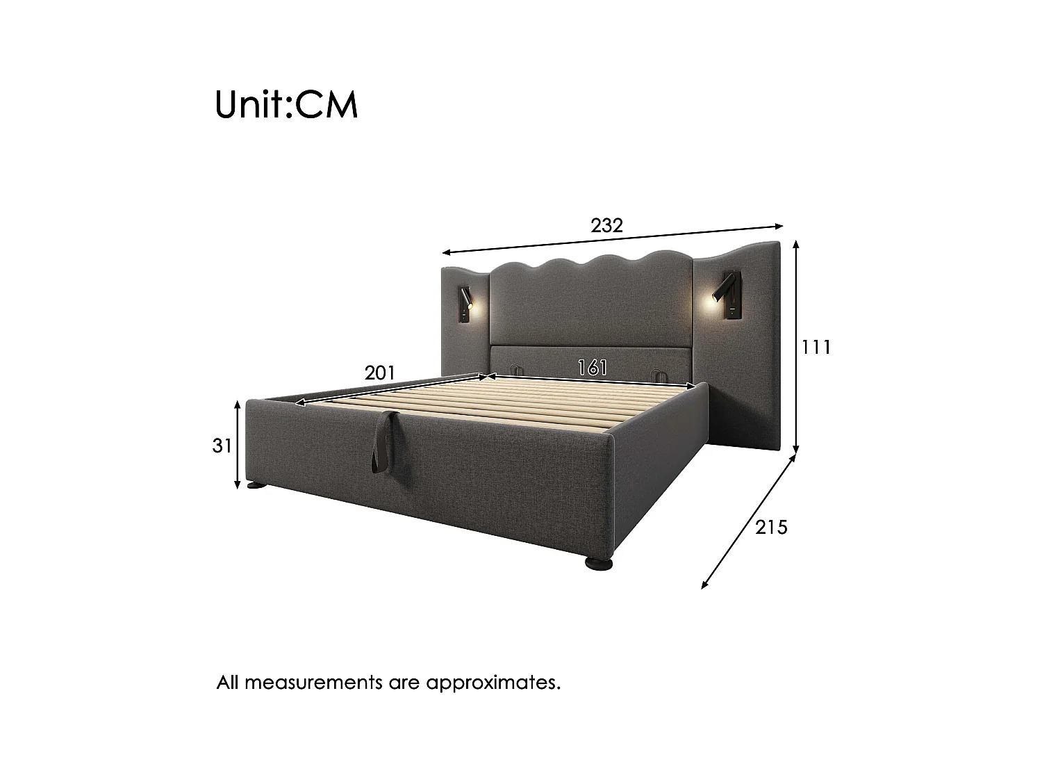 Gestoffeerd tweepersoonsbed met opbergruimte - 160 x 200 cm - hoofdeinde + matras - lamp en USB - massief hout en linnen stof - grijs
