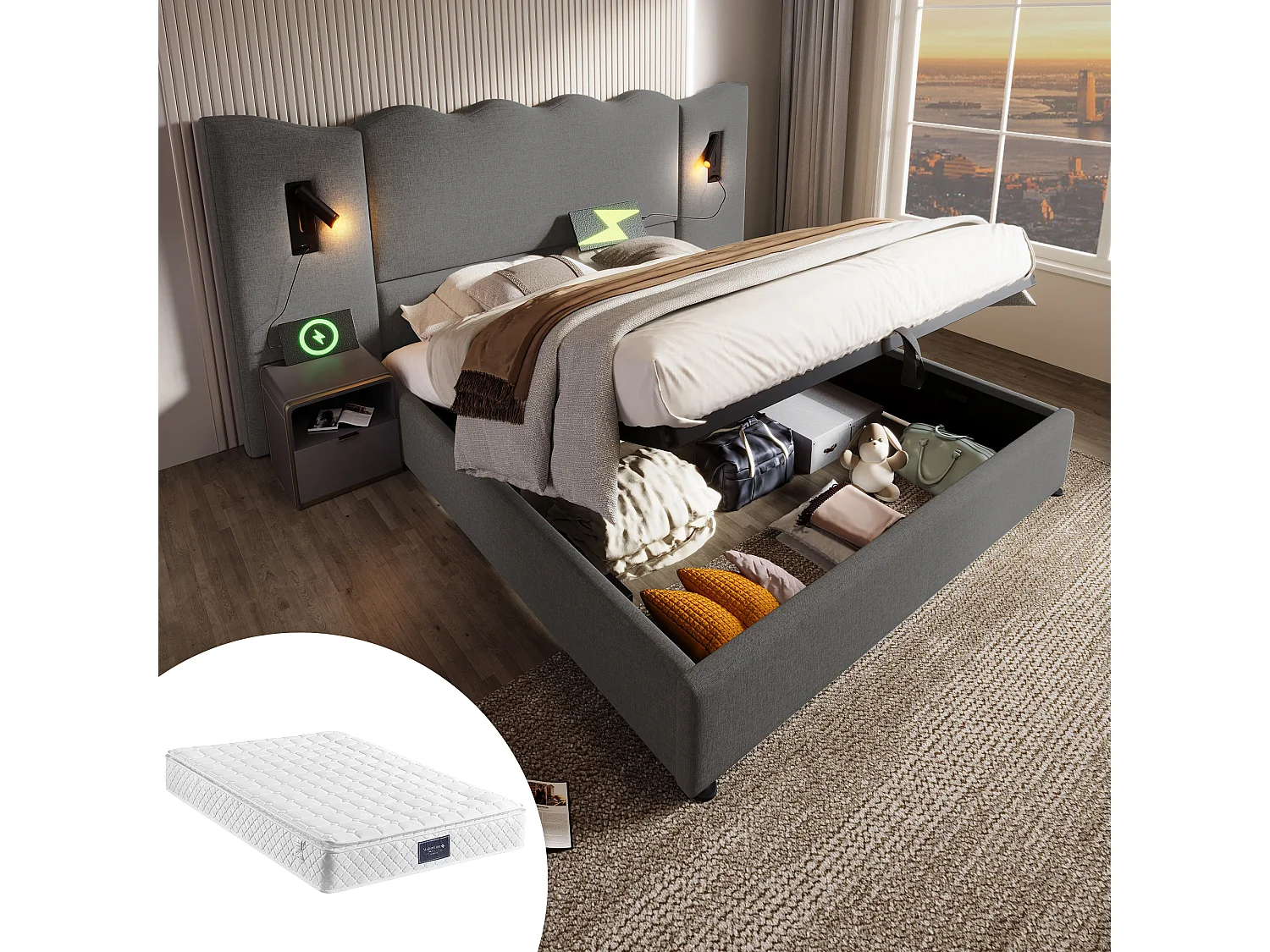 Lit coffre double rembourré - 160 x 200 cm- tête + matelas - Lamp et USB - Bois massif et Tissu lin - Gris