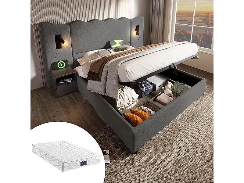 Lit coffre double rembourré - 160 x 200 cm- tête + matelas - Lamp et USB - Bois massif et Tissu lin - Gris