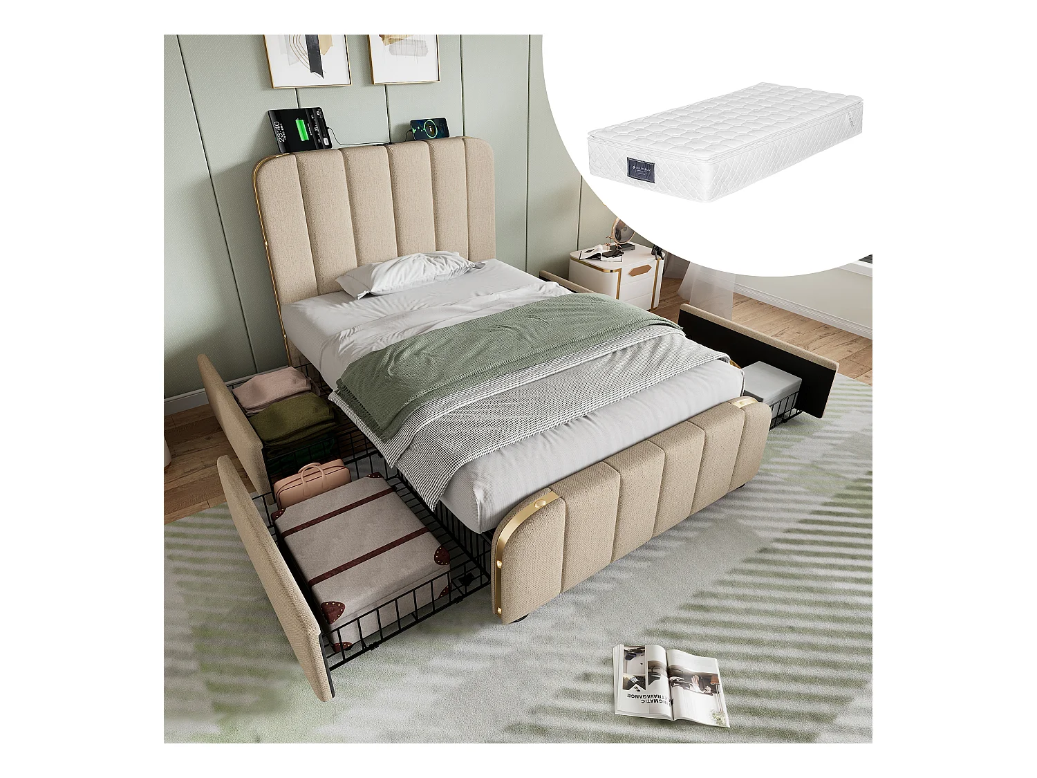 Gepolstertes Kinderbett mit Stauraum - 90 x 200 cm - Matratze + 4 Schubladen + Kopfteil mit USB - Leinenstoff - Beige