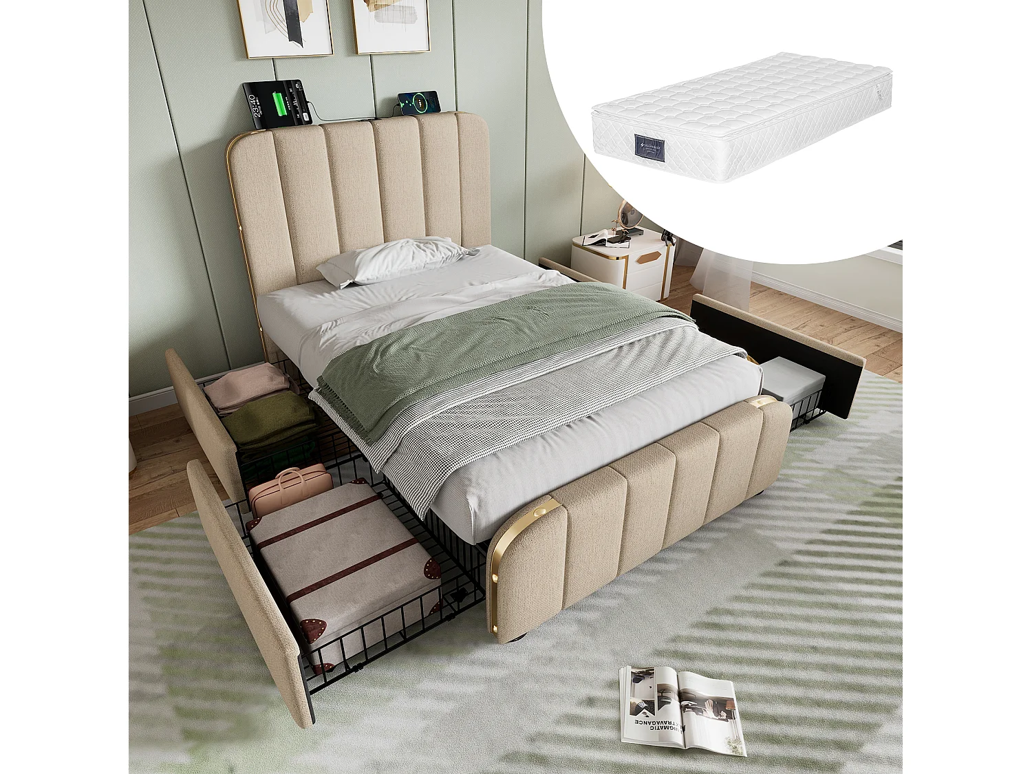 Lit coffre rembourré pour enfant - 90 x 200 cm - Matelas + 4 tiroirs + Tête avec USB - Tissu lin - Beige