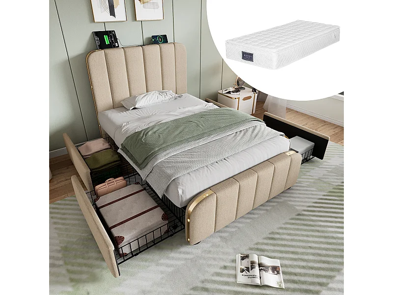 Letto contenitore imbottito per bambini - 90 x 200 cm - Materasso + 4 cassetti + Testiera con USB - Tessuto in lino - Beige