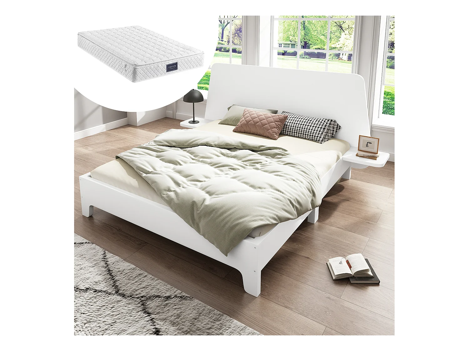 Lit coffre double rembourré - 160 x 200 cm- tête + matelas - Bois massif + Tissu lin - Blanc