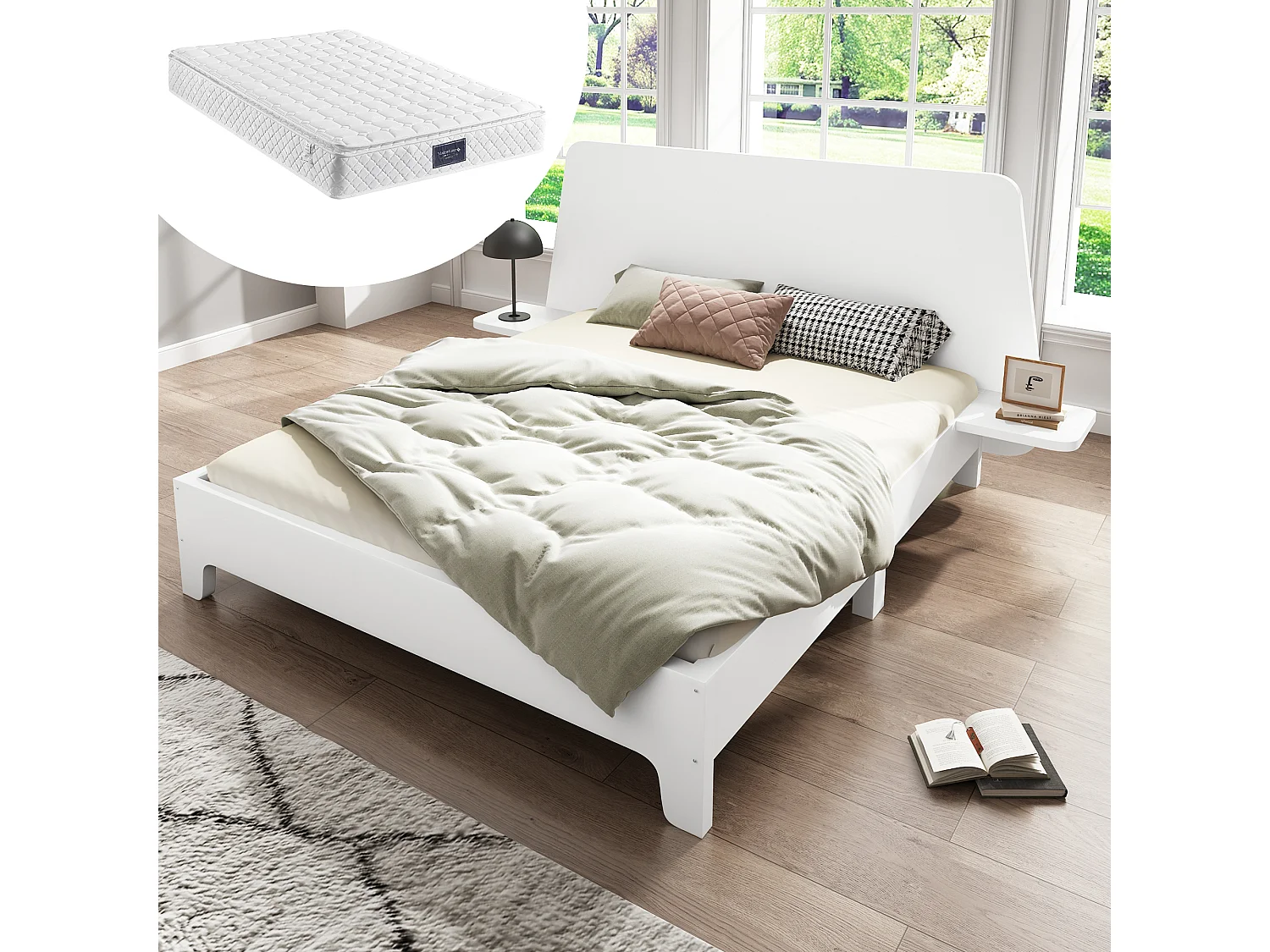 Lit coffre double rembourré - 160 x 200 cm- tête + matelas - Bois massif + Tissu lin - Blanc