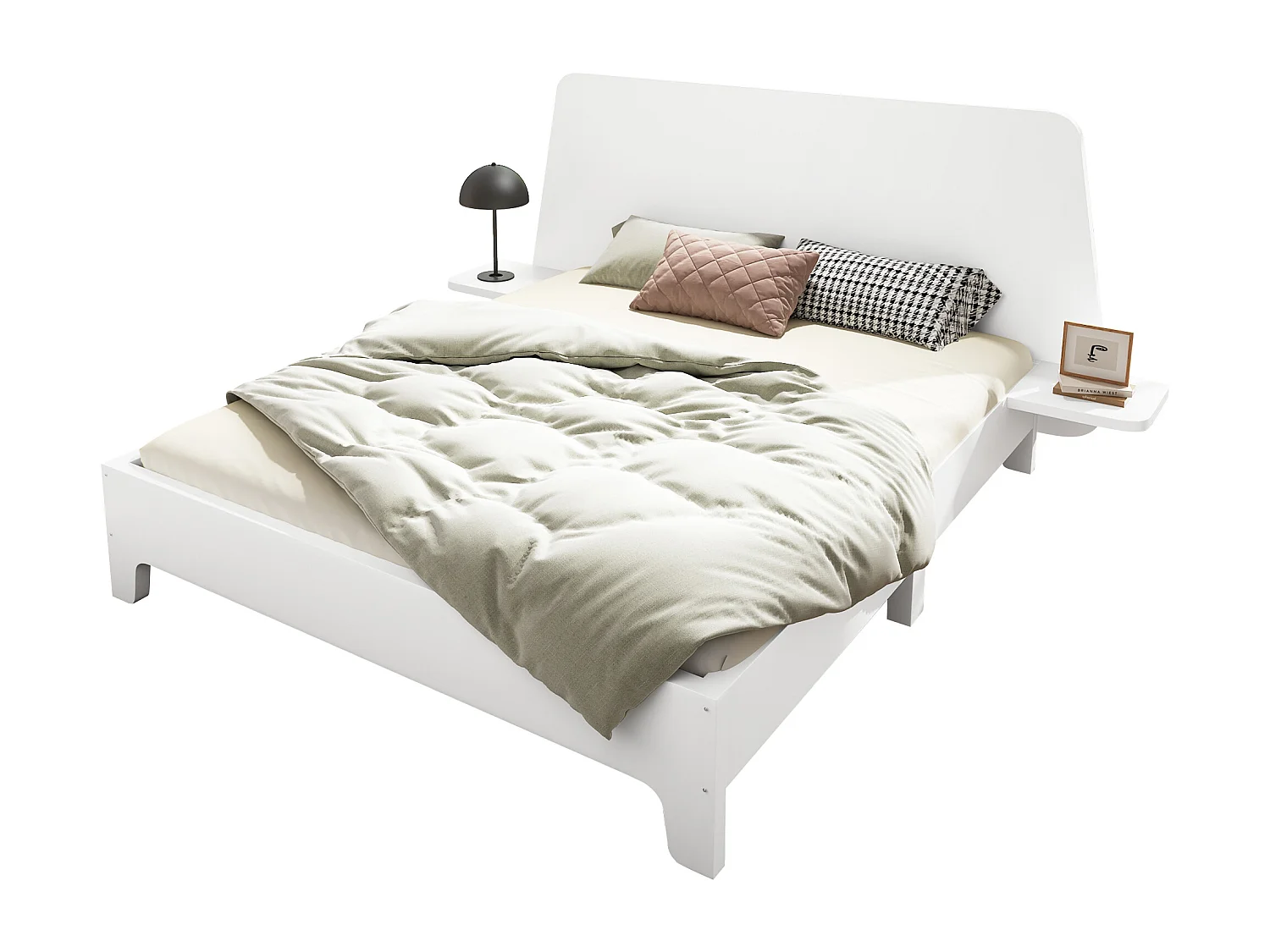 Lit coffre double rembourré - 160 x 200 cm- tête + matelas - Bois massif + Tissu lin - Blanc