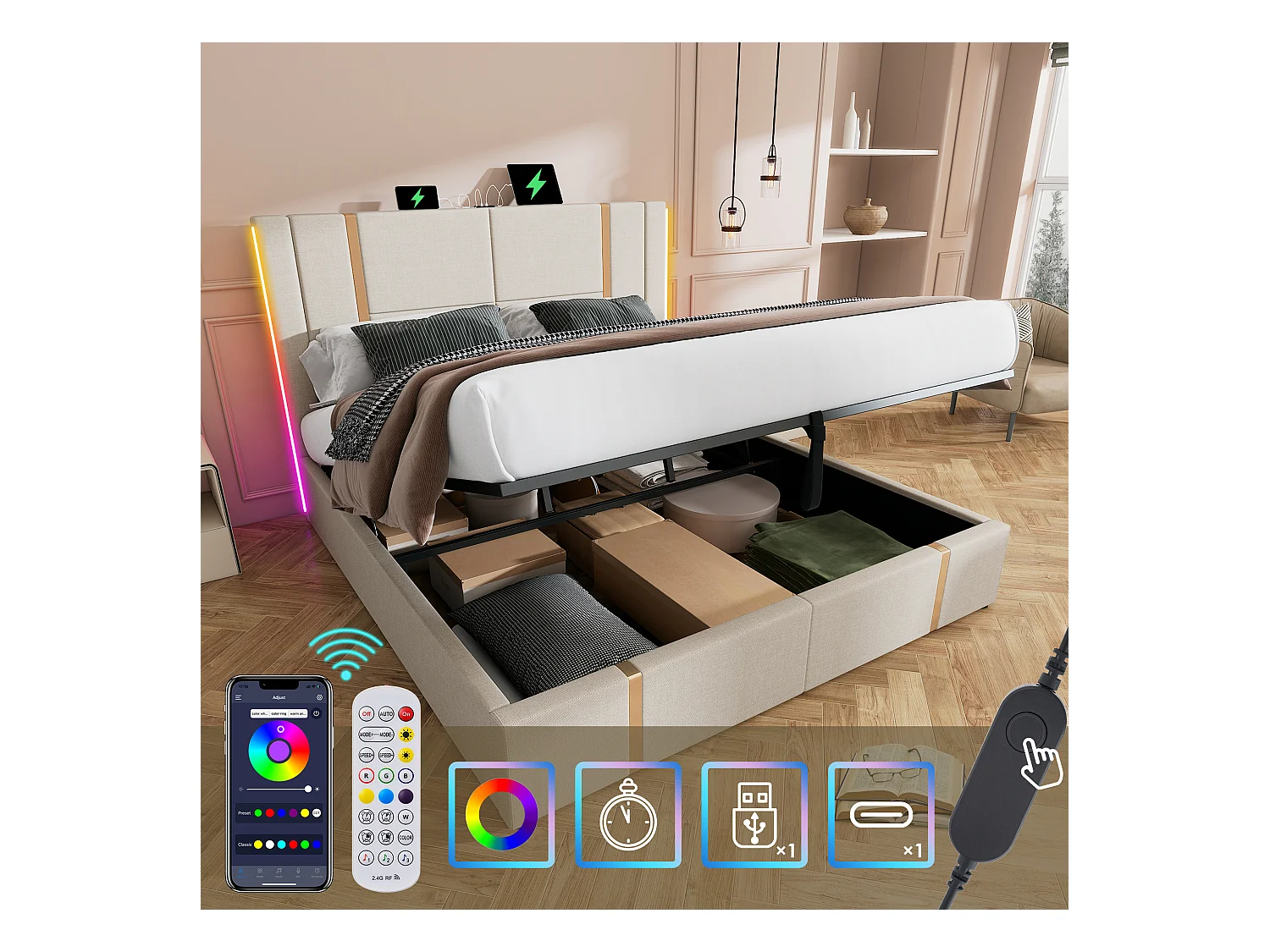 Lit coffre double rembourré - 160 x 200 cm - Matelas + Leds + Tête avec USB - Tissu lin - Beige