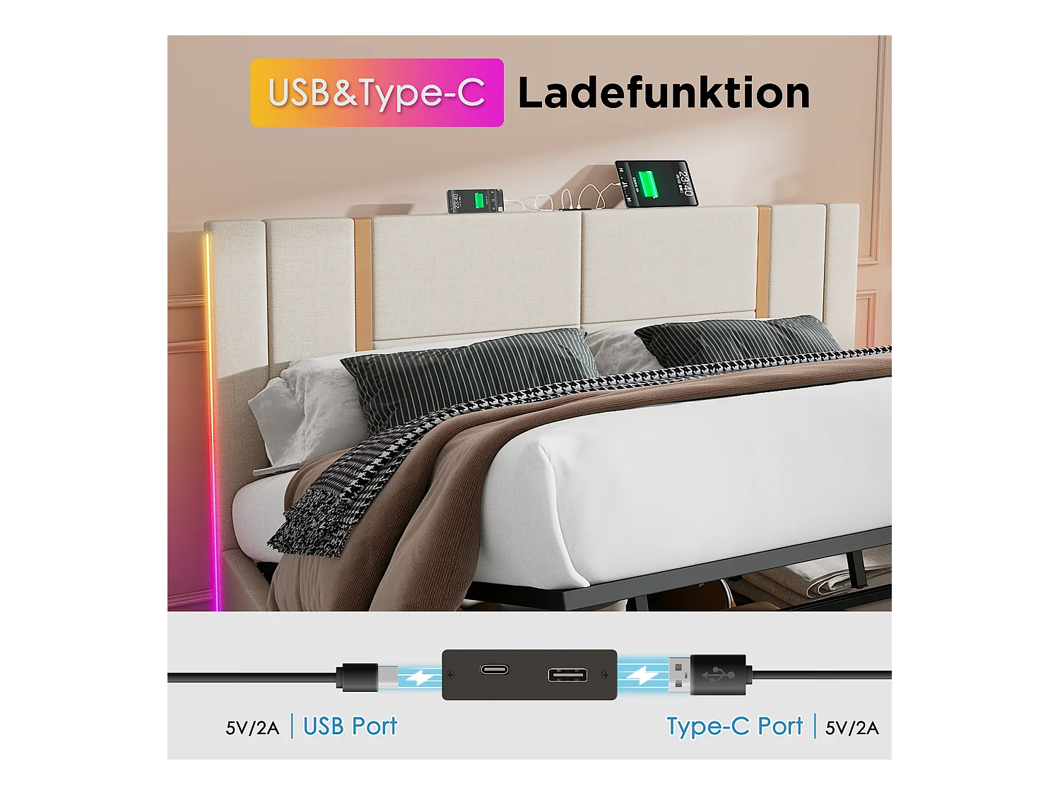 Lit coffre double rembourré - 160 x 200 cm - Matelas + Leds + Tête avec USB - Tissu lin - Beige