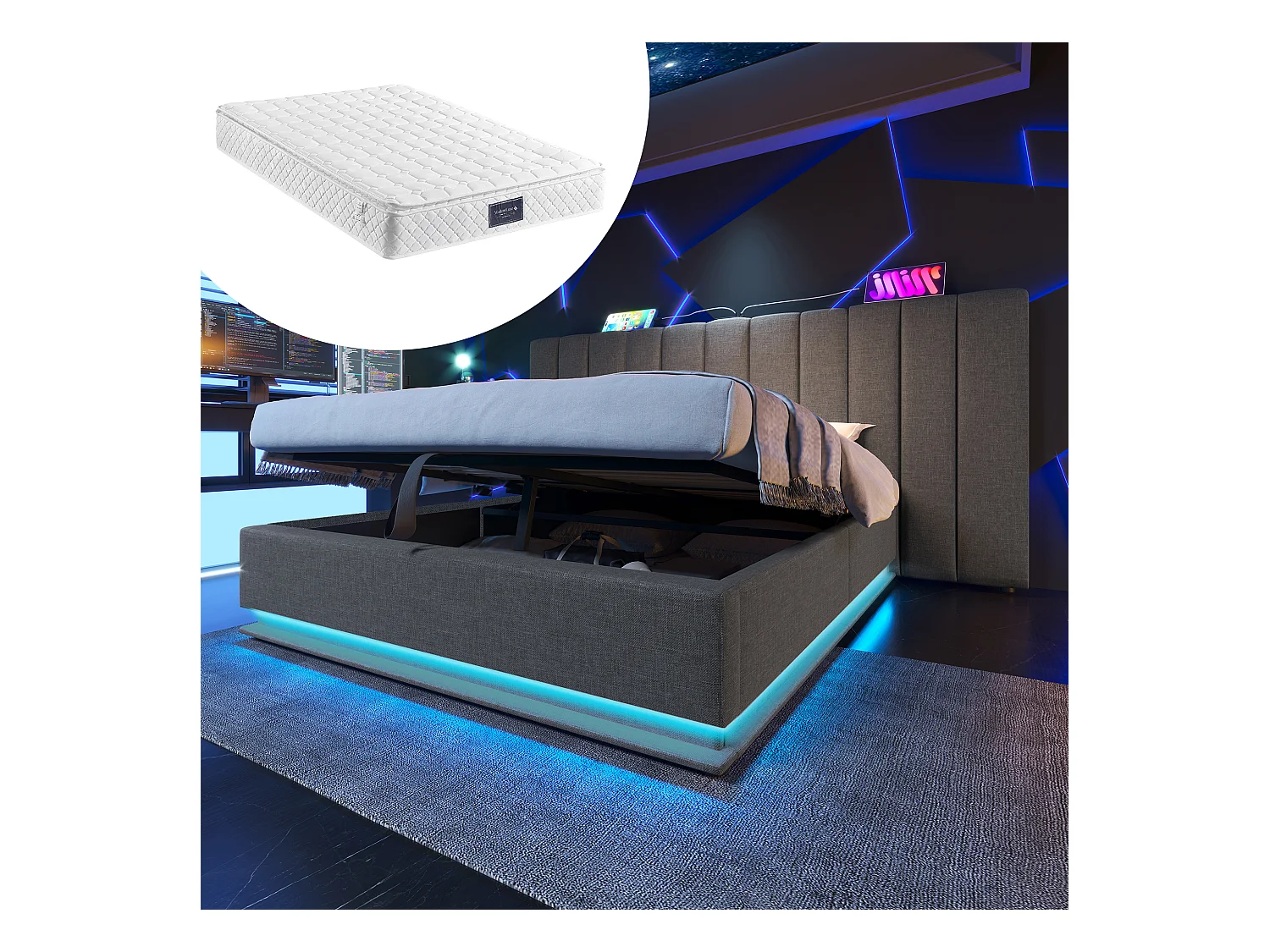 Lit coffre double rembourré - 160 x 200 cm- tête + matelas - Leds + USB - Bois massif et Tissu lin - Gris