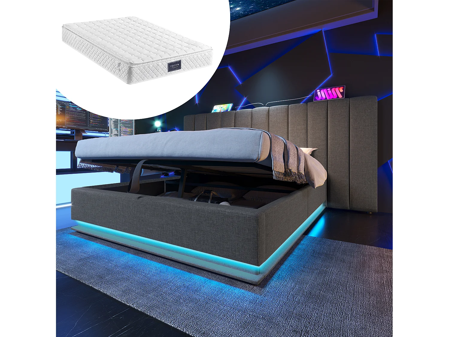 Gepolstertes Doppelbett mit Stauraum - 160 x 200 cm - Kopfteil + Matratze - Leds + USB - Massivholz und Leinenstoff - Grau