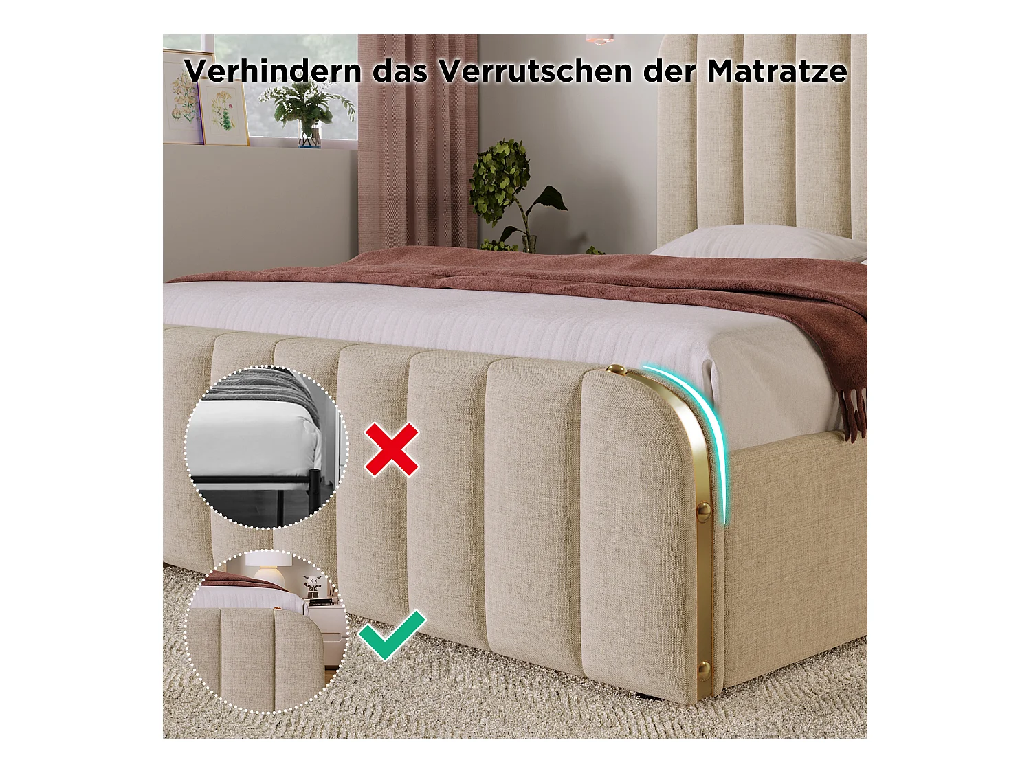 Lit coffre rembourré pour enfant - 90 x 200 cm- tête + matelas - Bois massif + Tissu lin - Beige