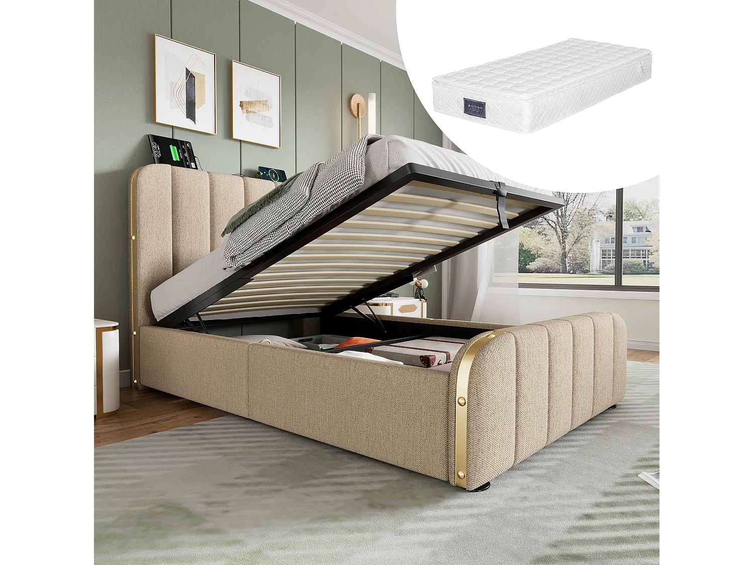 Cama infantil con canapé tapizada - 90 x 200 cm - cabecero + colchón - Madera maciza + tela de lino - Beige