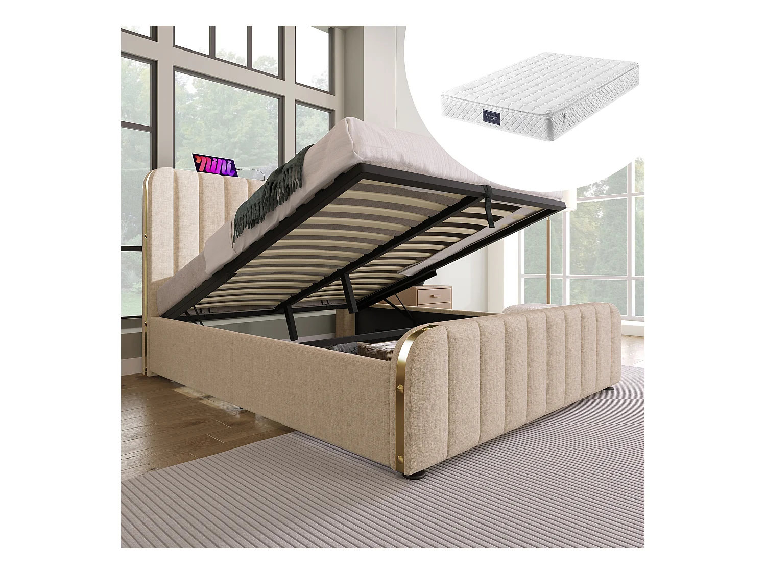 Lit coffre double rembourré - 160 x 200 cm - Matelas + Tête avec USB - Tissu lin - Beige