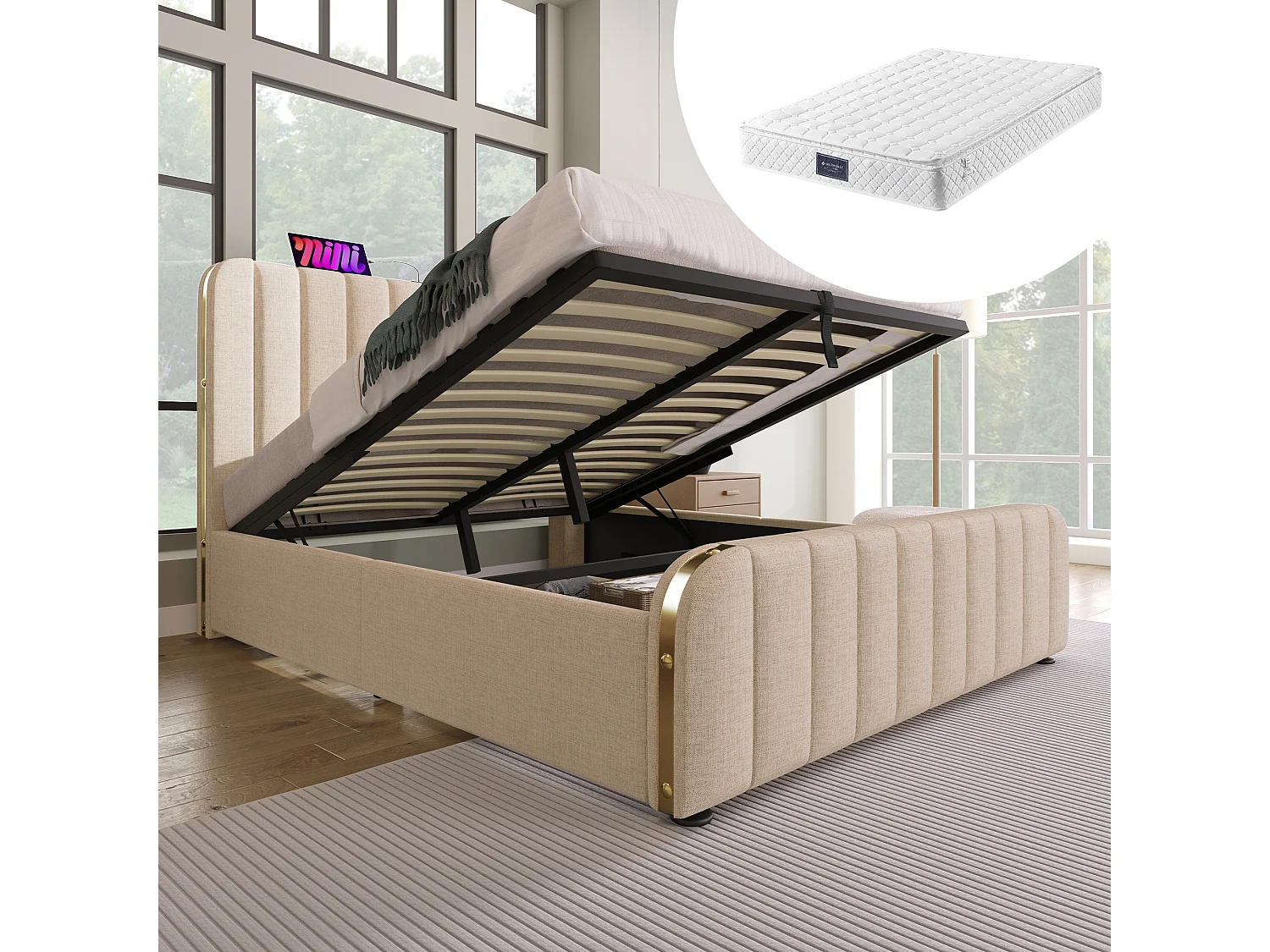 Lit coffre double rembourré - 160 x 200 cm - Matelas + Tête avec USB - Tissu lin - Beige