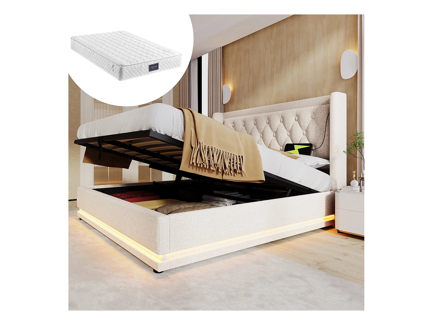 Lit coffre double rembourré - 160 x 200 cm - Matelas + Leds + Tête avec USB - Tissu coton - Beige