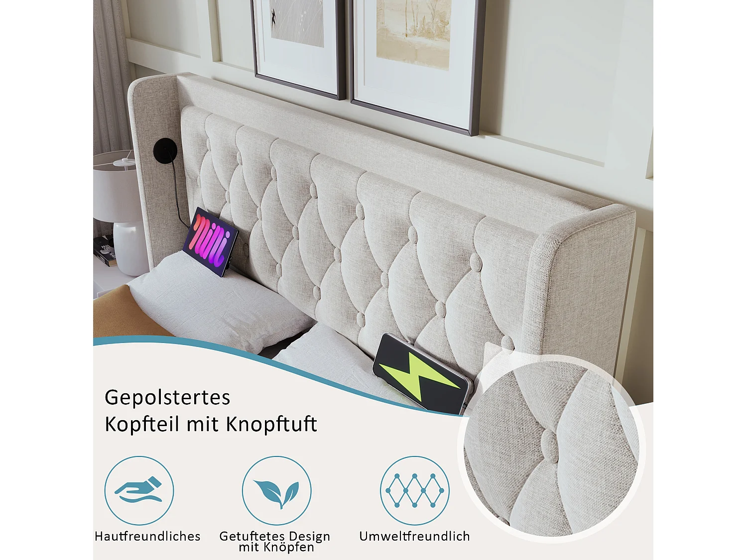 Lit coffre double rembourré - 160 x 200 cm - Matelas + Leds + Tête avec USB - Tissu coton - Beige