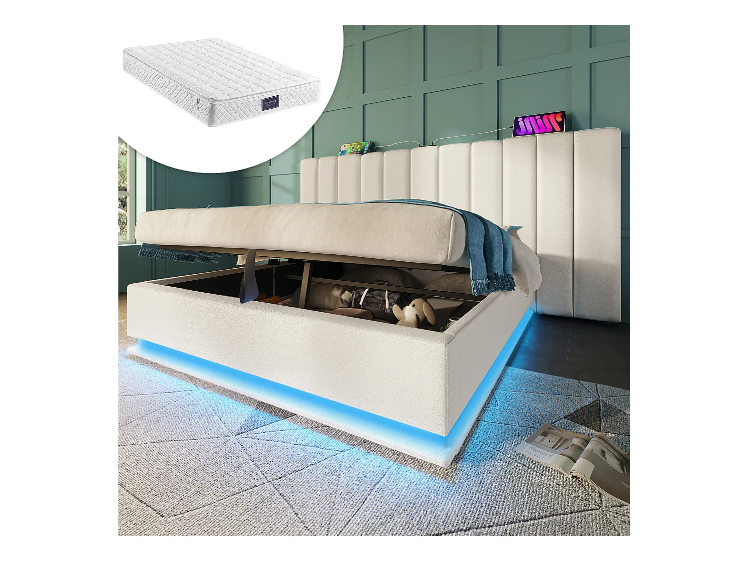 Gepolstertes Doppelbett mit Stauraum - 160 x 200 cm - Kopfteil + Matratze - Leds + USB - Massivholz und PU-Ledser - Weiß