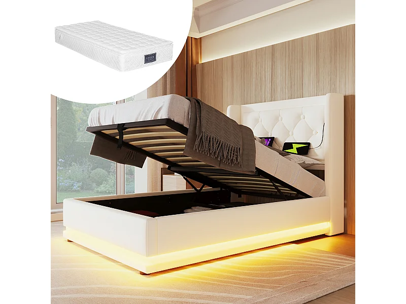 Lit coffre rembourré pour enfant - 90 x 200 cm - Matelas + Leds + Tête avec USB - Cuir PU - Blanc