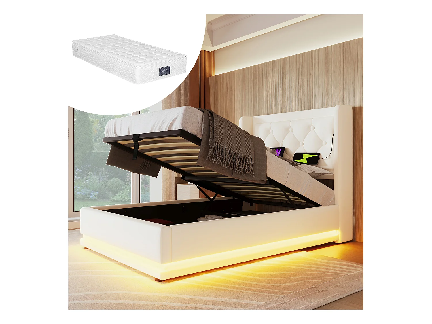 Lit coffre rembourré pour enfant - 90 x 200 cm - Matelas + Leds + Tête avec USB - Cuir PU - Blanc