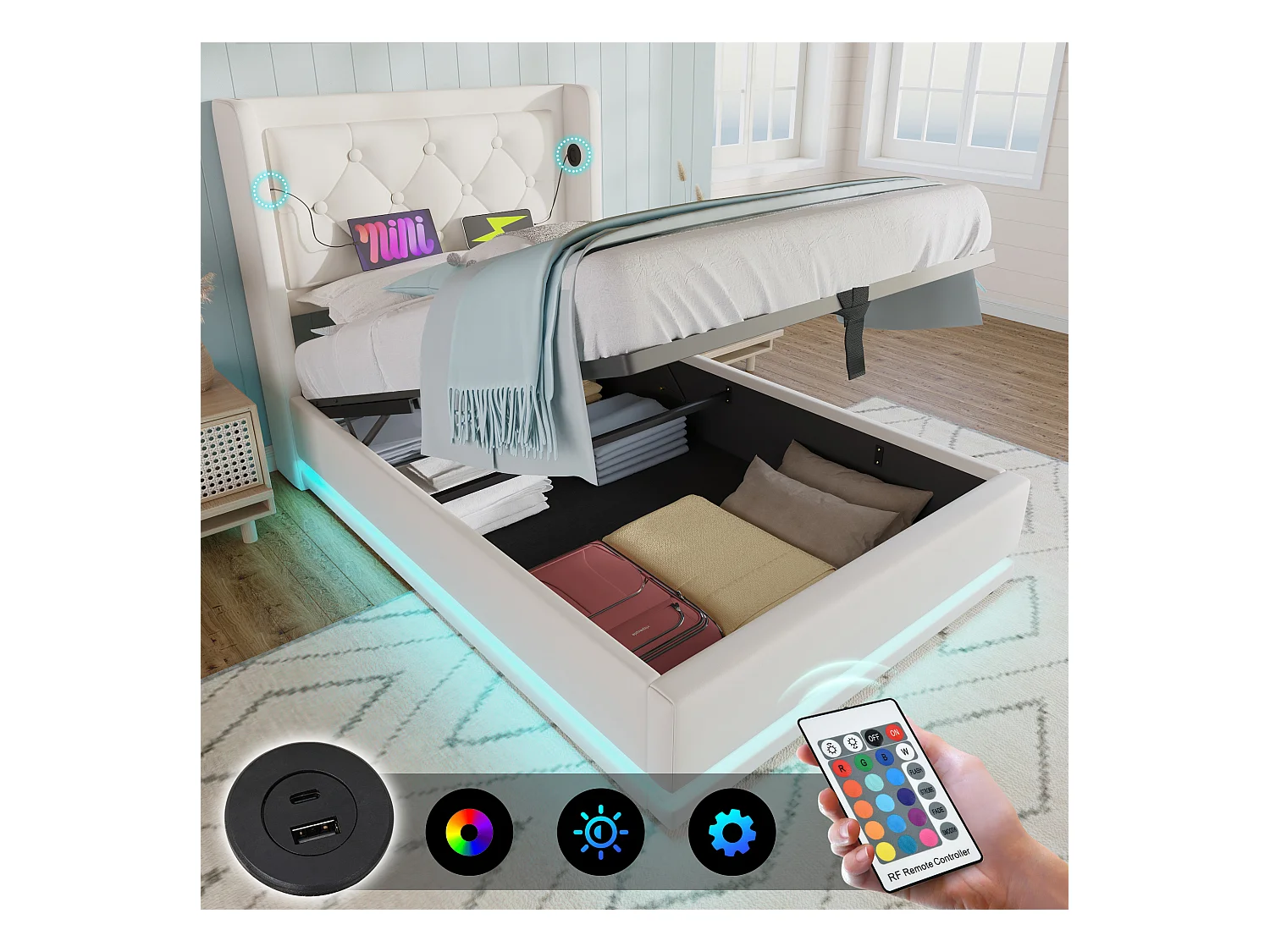 Lit coffre rembourré pour enfant - 90 x 200 cm - Matelas + Leds + Tête avec USB - Cuir PU - Blanc