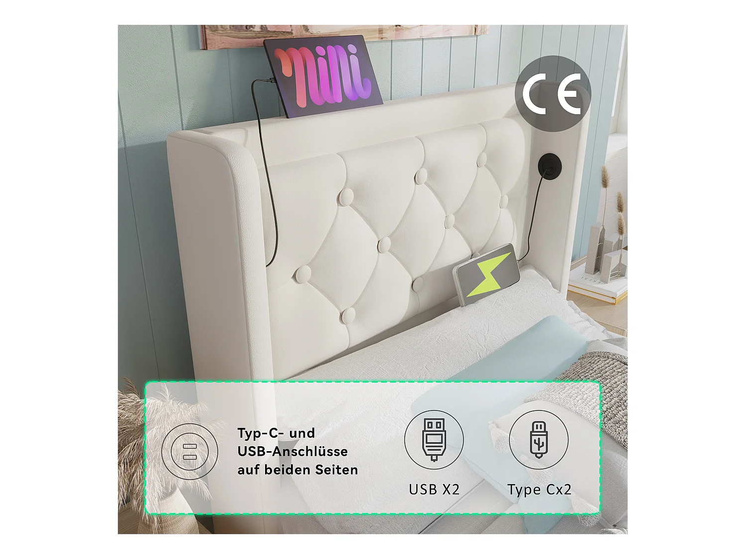 Lit coffre rembourré pour enfant - 90 x 200 cm - Matelas + Leds + Tête avec USB - Cuir PU - Blanc