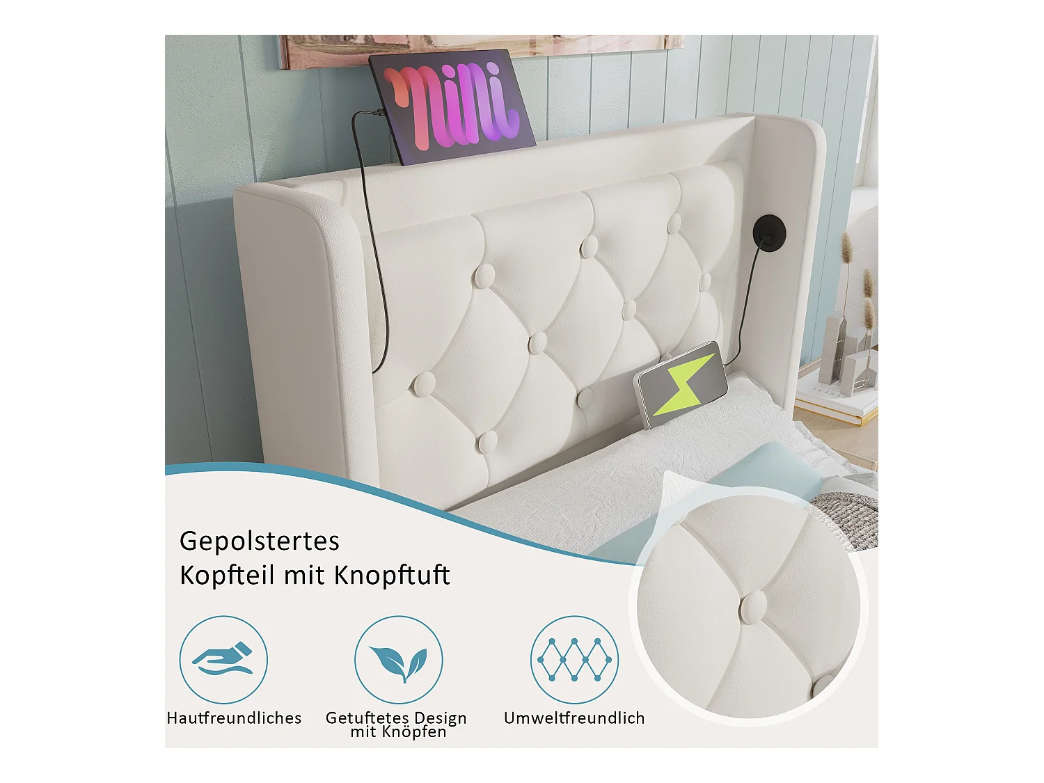 Lit coffre rembourré pour enfant - 90 x 200 cm - Matelas + Leds + Tête avec USB - Cuir PU - Blanc