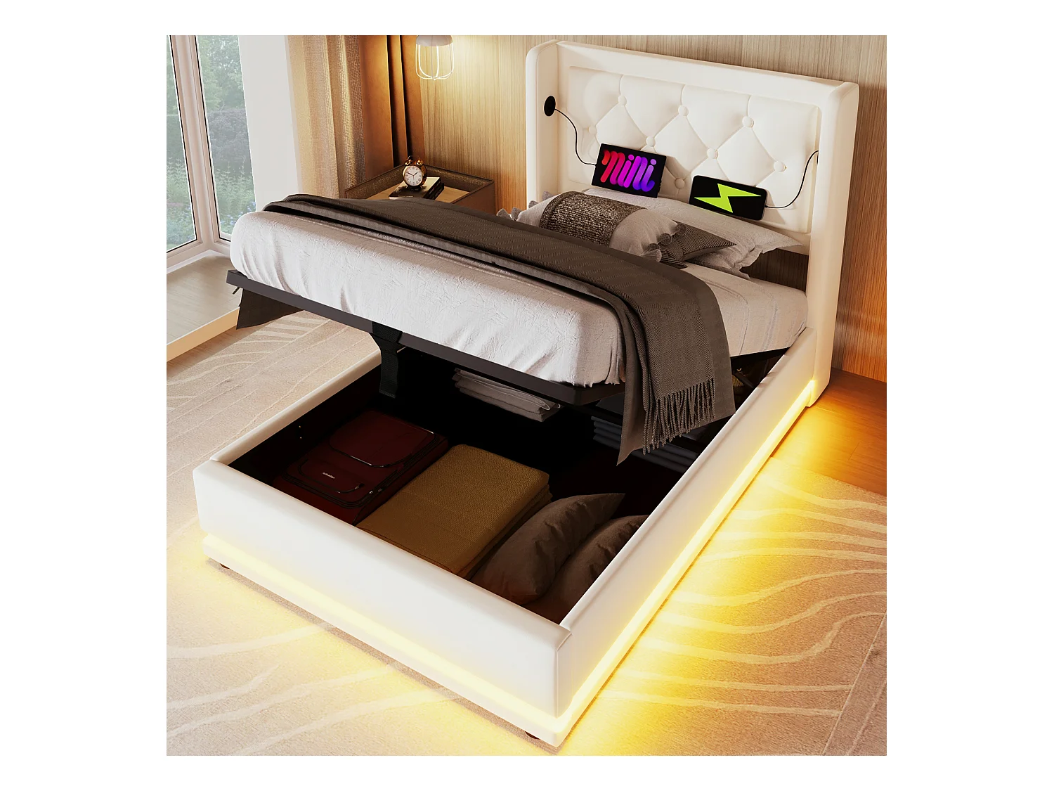 Lit coffre rembourré pour enfant - 90 x 200 cm - Matelas + Leds + Tête avec USB - Cuir PU - Blanc