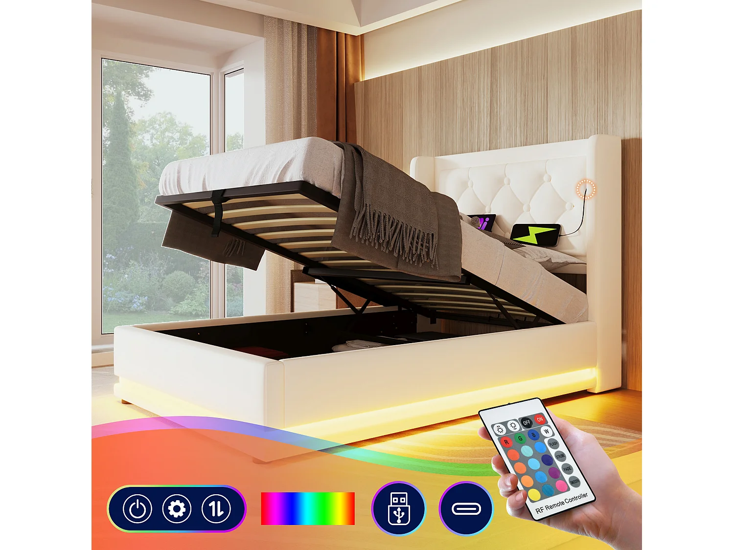 Kinderbed met opbergruimte - 90 x 200 cm - Matras + Leds + Hoofdbord met USB - PU-leer - Wit