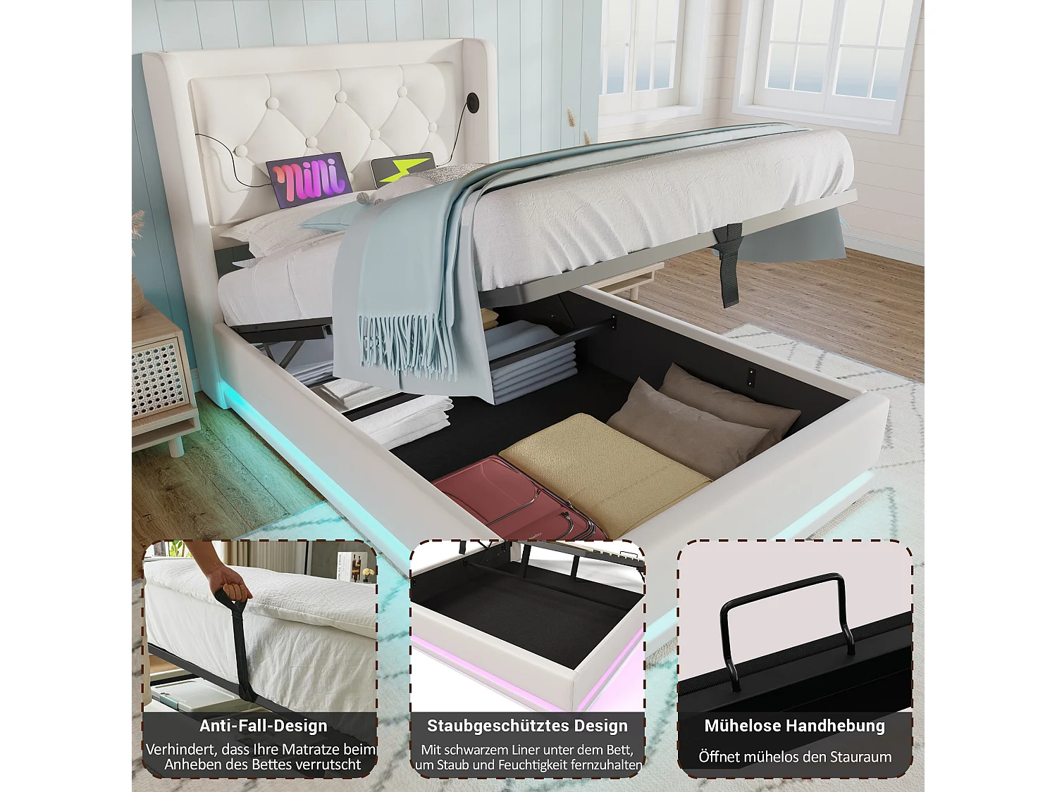 Kinderbed met opbergruimte - 90 x 200 cm - Matras + Leds + Hoofdbord met USB - PU-leer - Wit