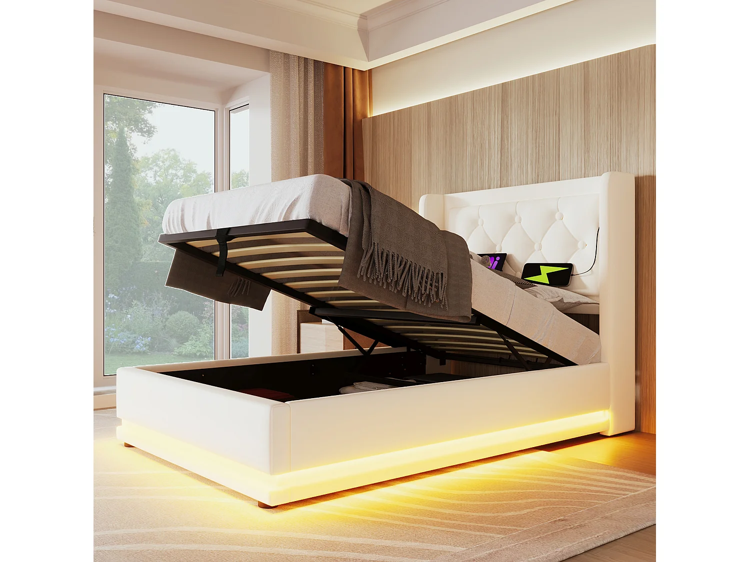 Kinderbed met opbergruimte - 90 x 200 cm - Matras + Leds + Hoofdbord met USB - PU-leer - Wit