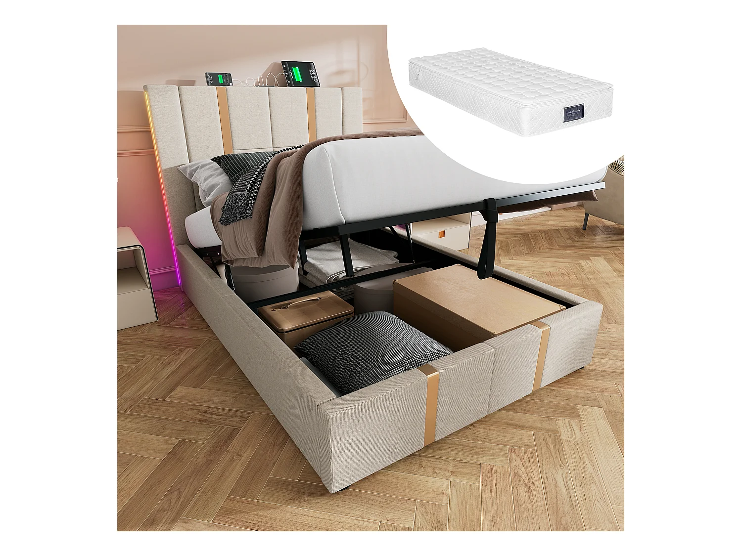 Gepolstertes Doppelbett mit Stauraum - 140 x 200 cm - Matratze + Leds + Kopfteil mit USB - Leinenstoff - Beige