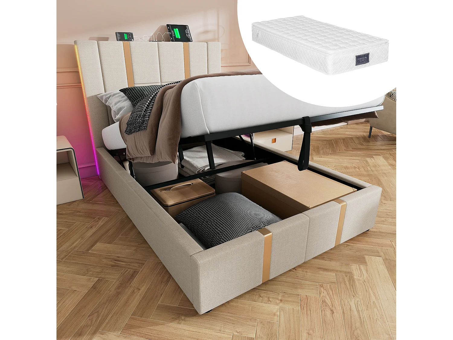 Lit coffre double rembourré - 90 x 200 cm - Matelas + Leds + Tête avec USB - Tissu lin - Beige