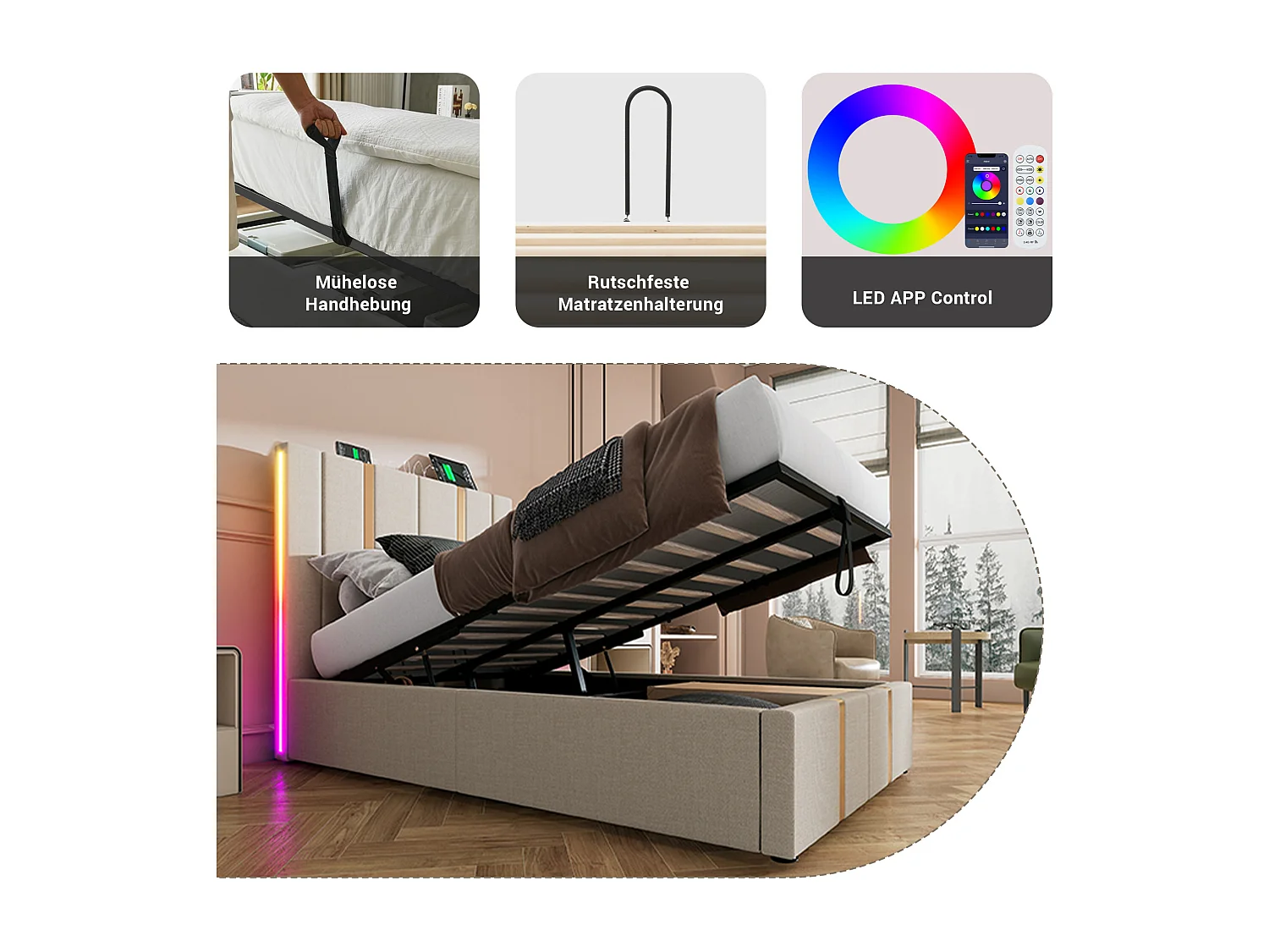 Lit coffre double rembourré - 90 x 200 cm - Matelas + Leds + Tête avec USB - Tissu lin - Beige