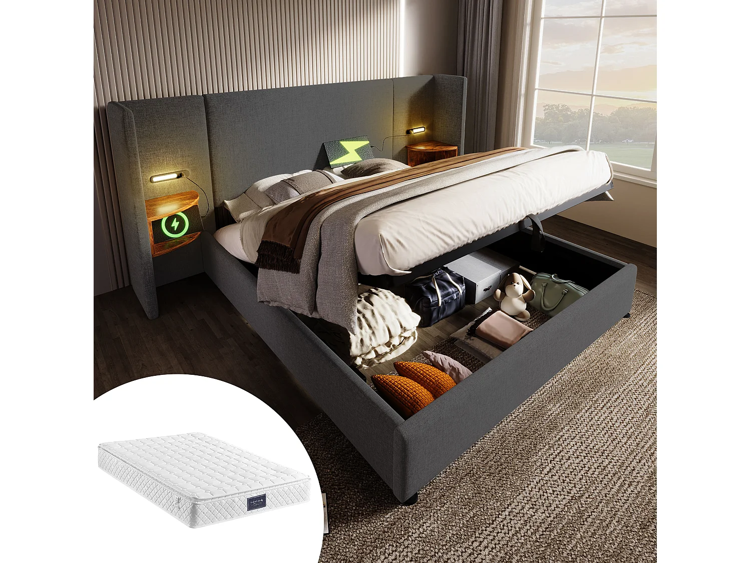 Gepolstertes Doppelbett mit Stauraum - 160 x 200 cm - Nachttisch + Matratze - Lampe und USB - Massivholz und Leinenstoff - Grau