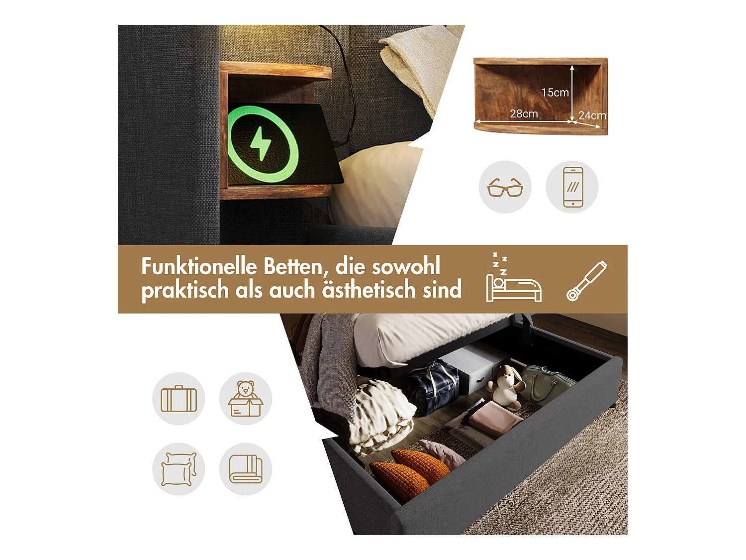 Gepolstertes Doppelbett mit Stauraum - 160 x 200 cm - Nachttisch + Matratze - Lampe und USB - Massivholz und Leinenstoff - Grau