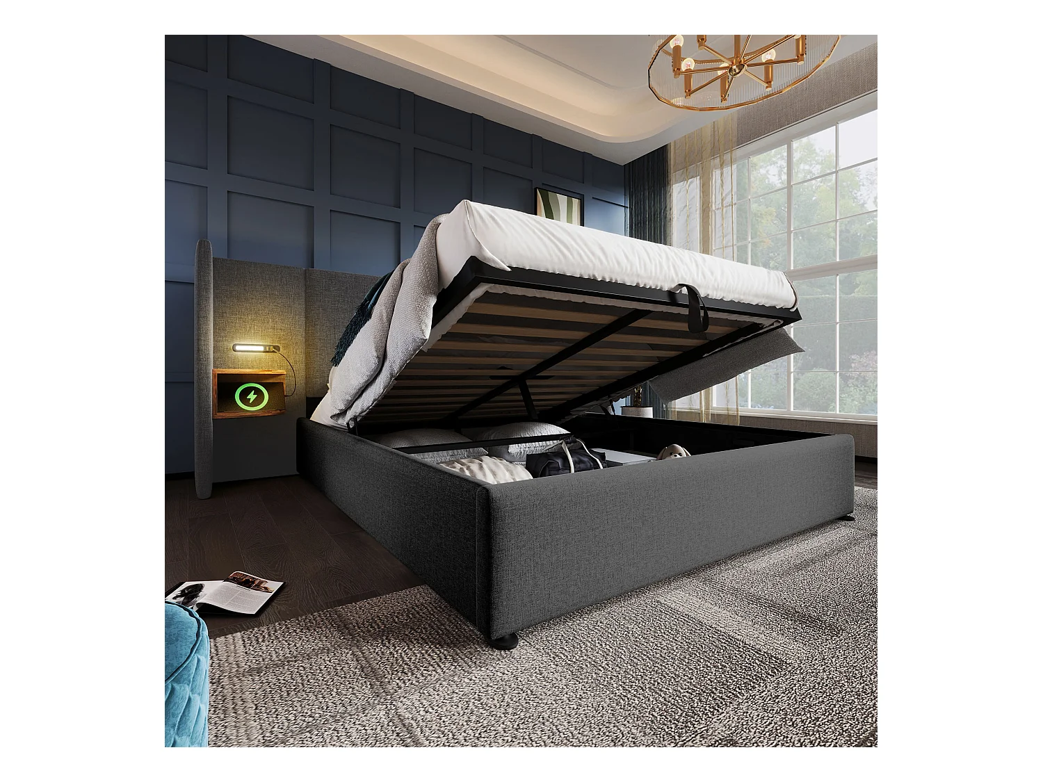 Gepolstertes Doppelbett mit Stauraum - 160 x 200 cm - Nachttisch + Matratze - Lampe und USB - Massivholz und Leinenstoff - Grau