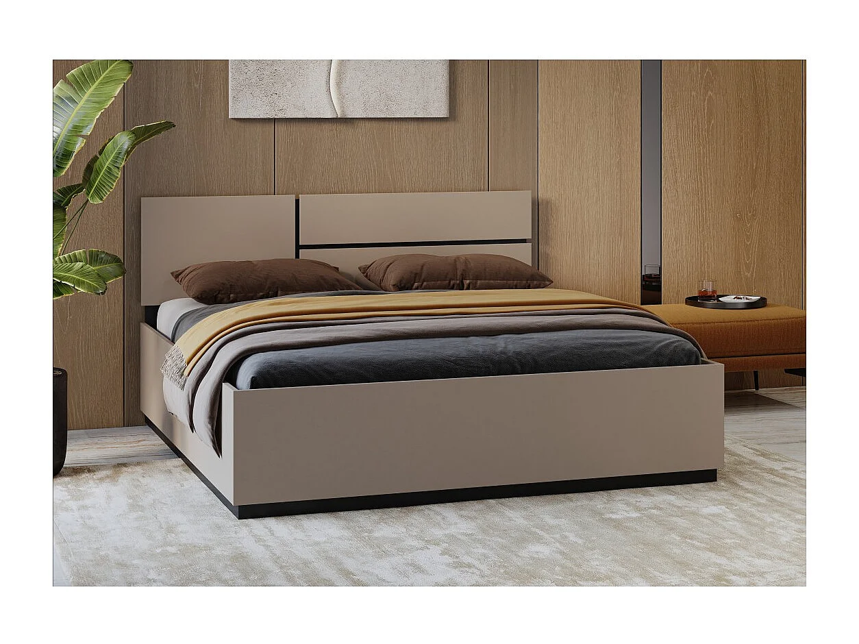 Lit coffre HAVANA 160x200 cm – Beige et noir – Élégance contemporaine et rangement intégré