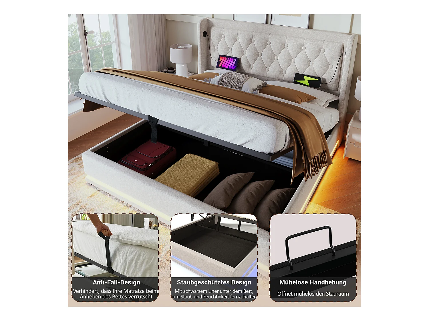 Gestoffeerd tweepersoonsbed met opbergruimte - 140 x 200 cm - Matras + Leds + Hoofdbord met USB - Katoenen stof - Beige