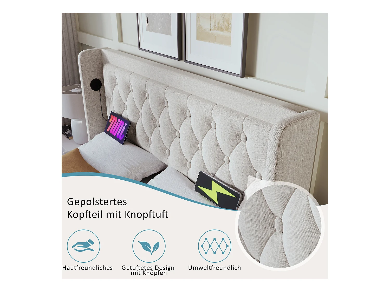 Gestoffeerd tweepersoonsbed met opbergruimte - 140 x 200 cm - Matras + Leds + Hoofdbord met USB - Katoenen stof - Beige