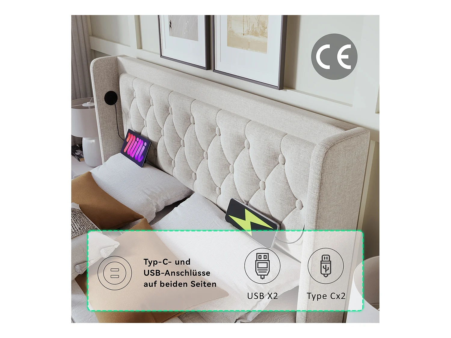 Gestoffeerd tweepersoonsbed met opbergruimte - 140 x 200 cm - Matras + Leds + Hoofdbord met USB - Katoenen stof - Beige