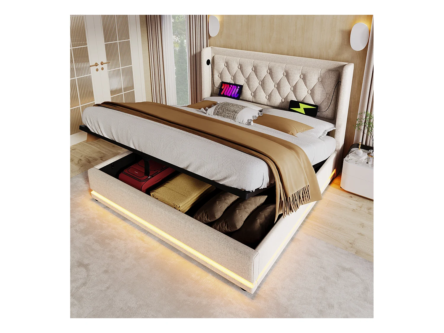 Gestoffeerd tweepersoonsbed met opbergruimte - 140 x 200 cm - Matras + Leds + Hoofdbord met USB - Katoenen stof - Beige