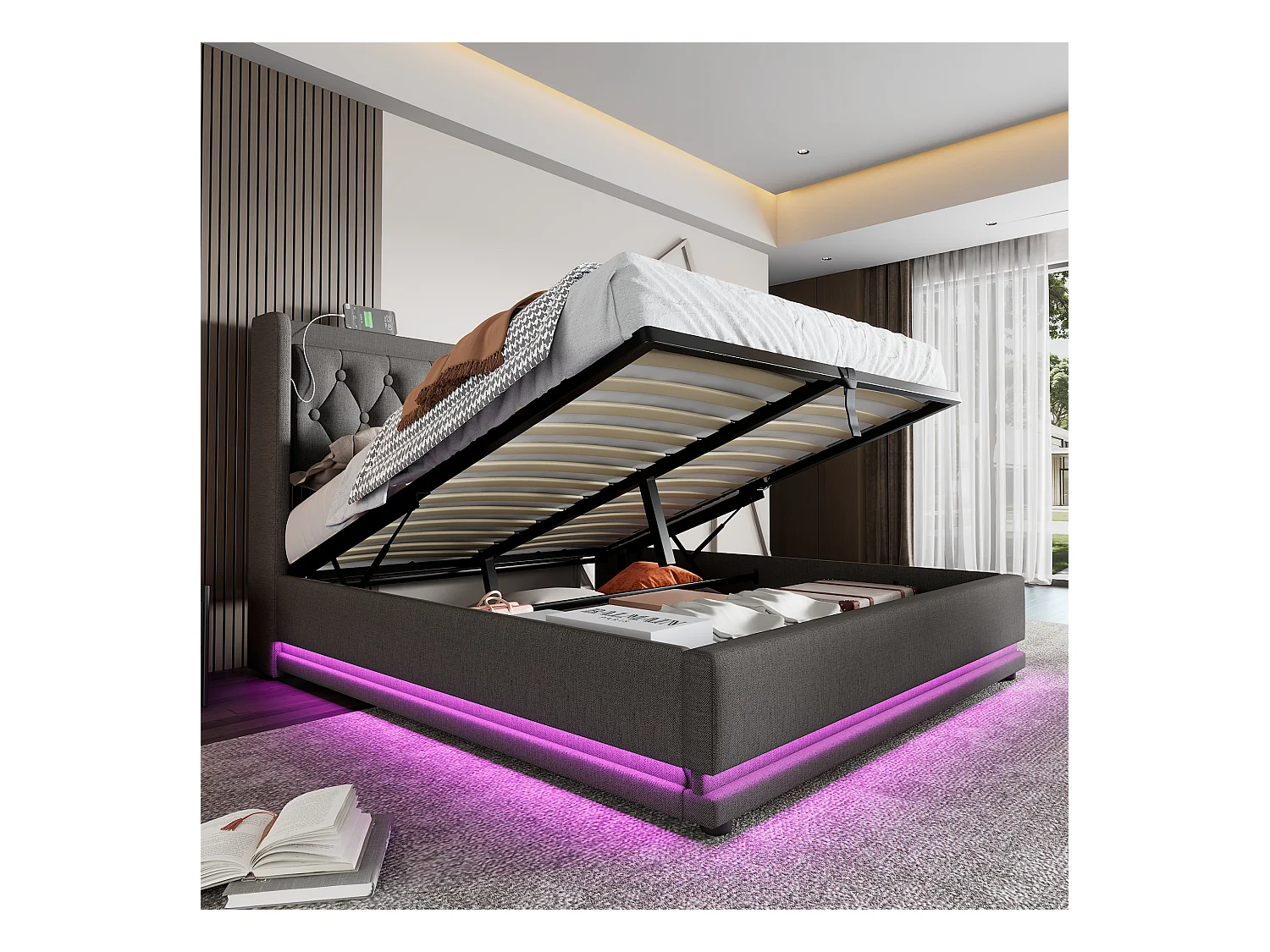 Lit coffre double rembourré - 160 x 200 cm - Matelas + Leds + Tête avec USB - Tissu coton - Gris