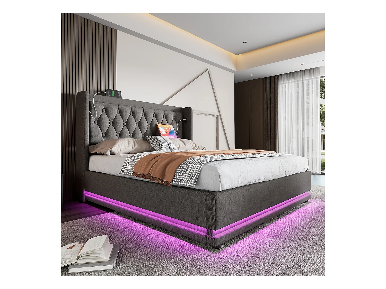 Lit coffre double rembourré - 160 x 200 cm - Matelas + Leds + Tête avec USB - Tissu coton - Gris