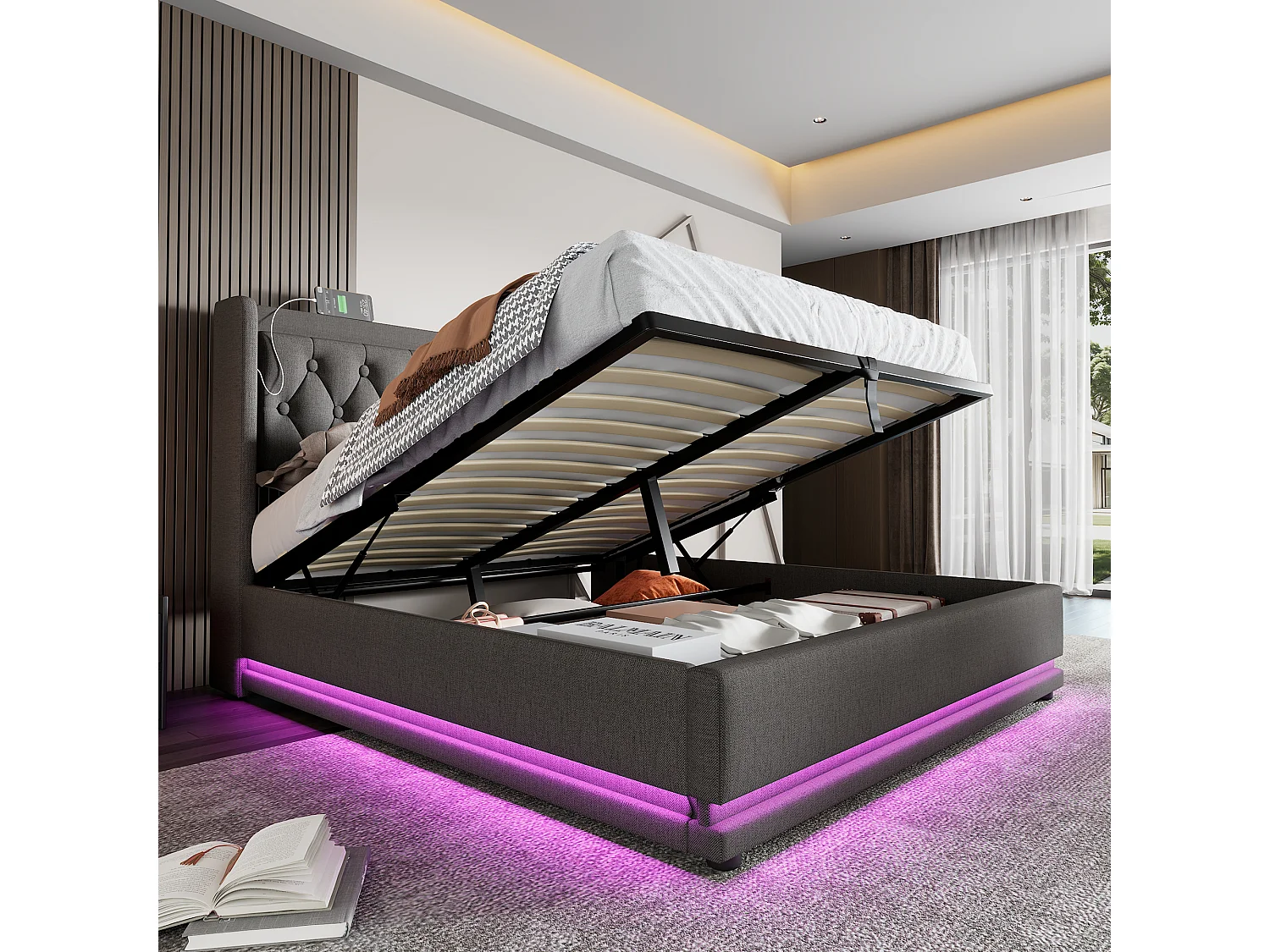 Lit coffre double rembourré - 160 x 200 cm - Matelas + Leds + Tête avec USB - Tissu coton - Gris