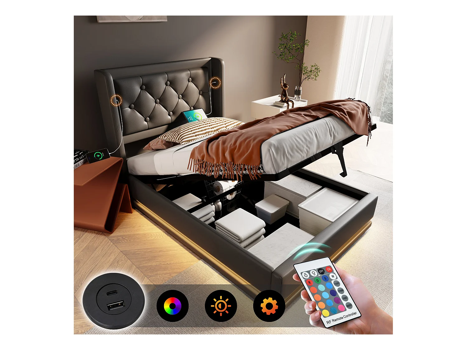 Lit coffre rembourré pour enfant - 90 x 200 cm - Matelas + Leds + Tête avec USB - Cuir PU - Noir