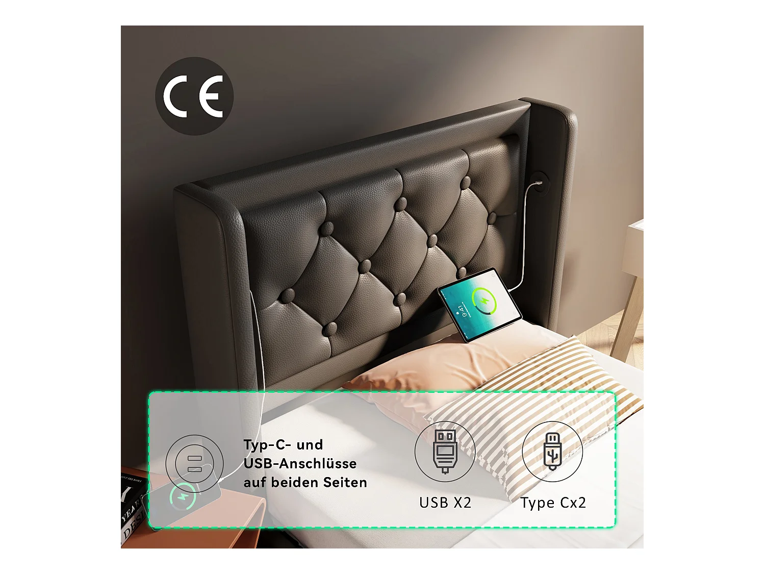 Lit coffre rembourré pour enfant - 90 x 200 cm - Matelas + Leds + Tête avec USB - Cuir PU - Noir